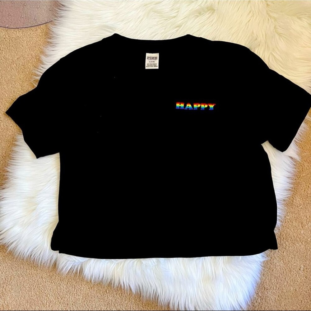 PINK Victoria's Secret Black HAPPY Pride Tee with Raindow Accent